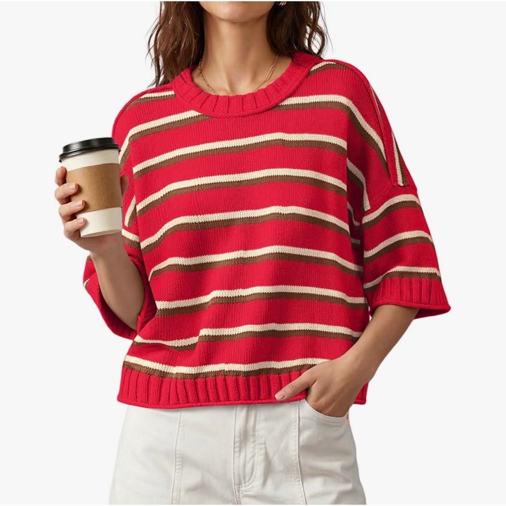 Nirovien Women's Red & Brown Striped Knit Sweater β Short Sleeve β XL β NWT